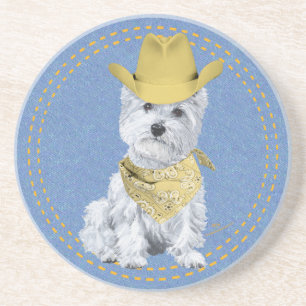 Dessous De Verre En Grès Westie Cowboy sur Denim