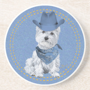 Dessous De Verre En Grès Westie Cowboy sur Denim
