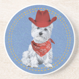 Dessous De Verre En Grès Westie Cowboy sur Denim