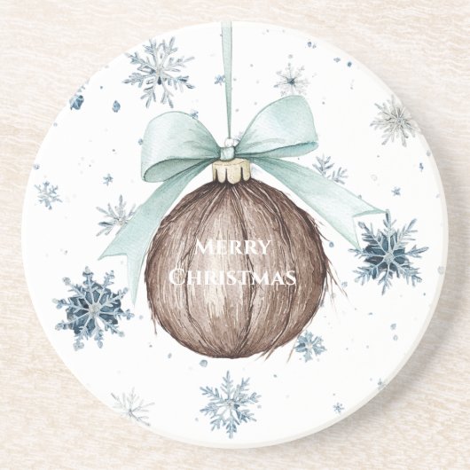 Dessous De Verre En Grès White Blue Snowflakes Christmas Coconut Bow (Devant)