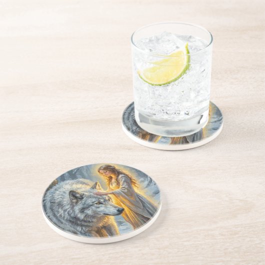 Dessous De Verre En Grès Winter Goddess & White Wolf (Côté)