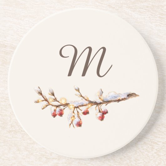 Dessous De Verre En Grès Winter Pinecone & Berry Monogram (Devant)