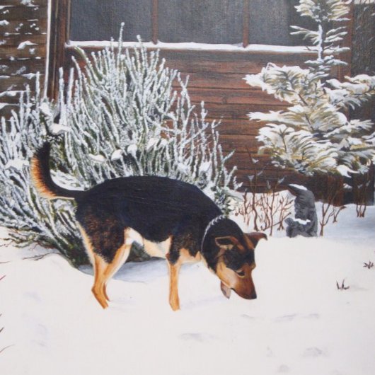 Dessous De Verre En Grès Winter snow scene with cute black and tan dog