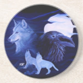 Dessous De Verre En Grès Wolf and Raven with full moon (Devant)