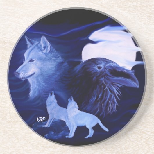 Dessous De Verre En Grès Wolf and Raven with full moon (Devant)