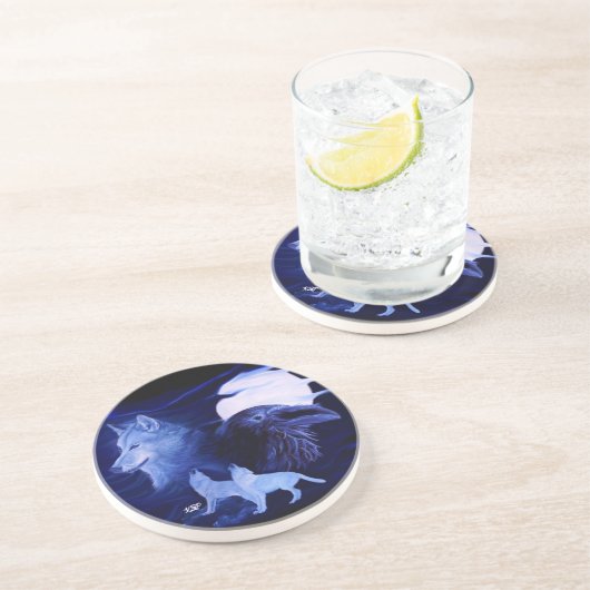 Dessous De Verre En Grès Wolf and Raven with full moon (Côté)