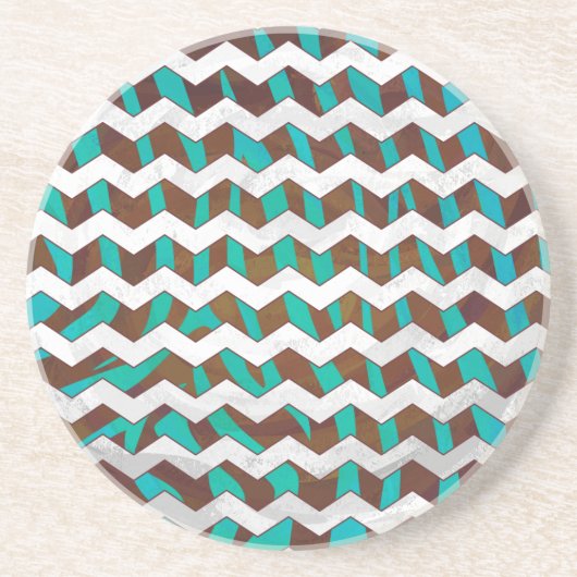 Dessous De Verre En Grès Zebra Chevron Impression Brown et Turquoise (Devant)