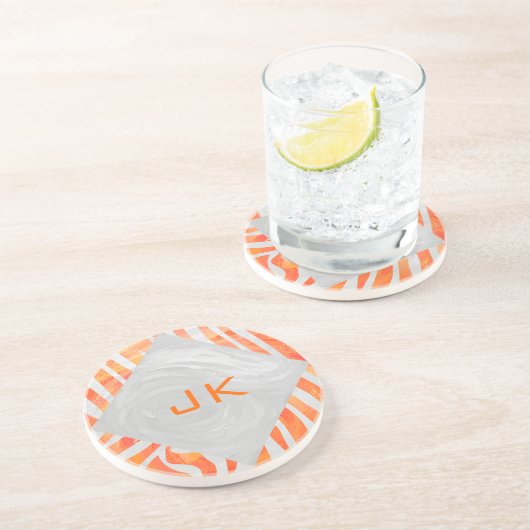 Dessous De Verre En Grès Zèbre Monogramme Orange et Blanc (Côté)