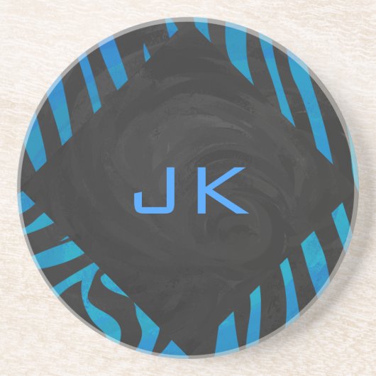 Dessous De Verre En Grès Zèbre noir et bleu avec Monogramme (Devant)