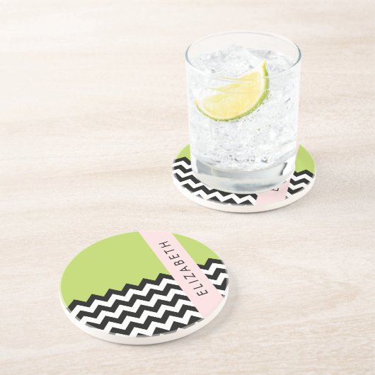 Dessous De Verre En Grès Zigzag noir et blanc, Chevron, Vert, Votre nom (Côté)