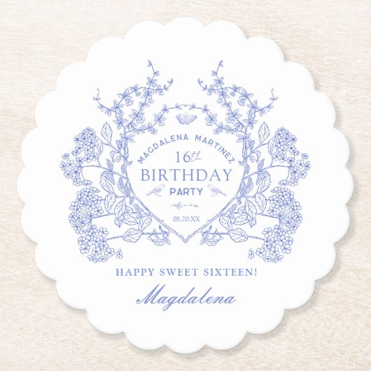 Dessous-de-verre En Papier 16e anniversaire Français Blue Floral Crest Custom (Devant)