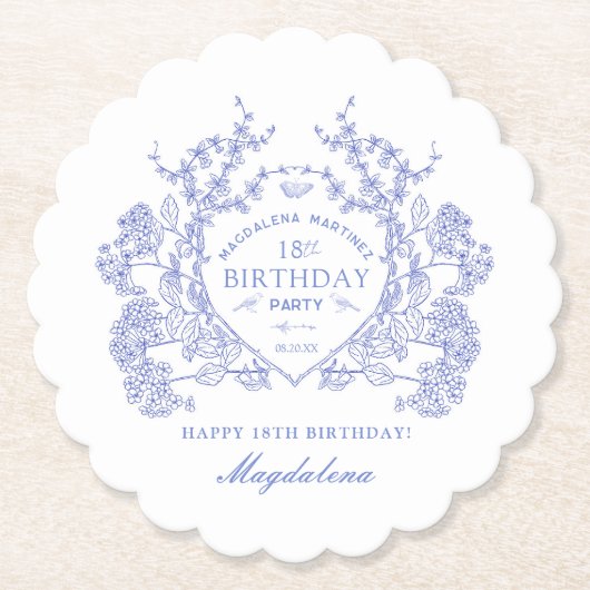 Dessous-de-verre En Papier 18e anniversaire Français Blue Floral Crest Custom (Devant)