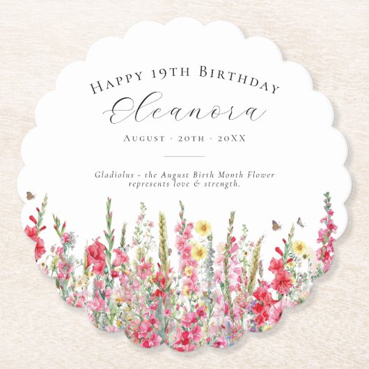 Dessous-de-verre En Papier 19e anniversaire août Fleur de naissance personnal (Devant)
