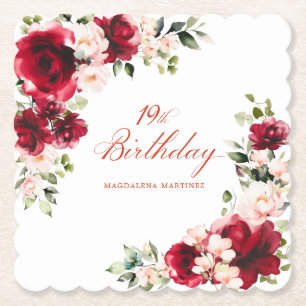 Dessous-de-verre En Papier 19e fête d'anniversaire Rouge rose floral personna