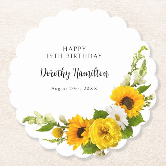 Dessous-de-verre En Papier 19e fête d'anniversaire Sunflower Daisy Custom (Devant)