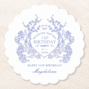 Dessous-de-verre En Papier 21e Anniversaire Français Blue Floral Crest Custom