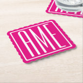 Dessous-de-verre En Papier 3 Initiales Monogramme | Blanc sur rose chaud (Incliné)