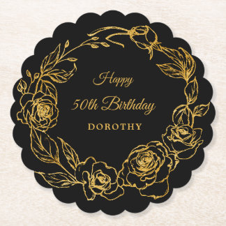 Dessous-de-verre En Papier 50e fête d'anniversaire Luxe Gold Rose Floral Blac