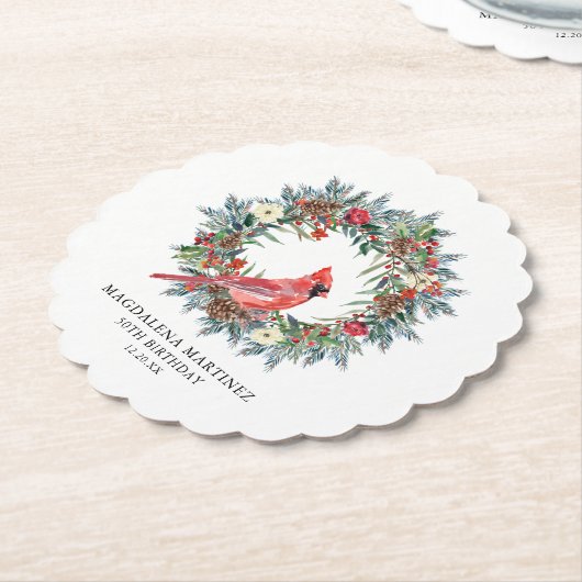 Dessous-de-verre En Papier 50th Birthday Party Red Cardinal Wreath Custom (Incliné)