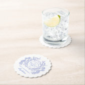 Dessous-de-verre En Papier 75e anniversaire Français Blue Floral Crest Custom (En situation)