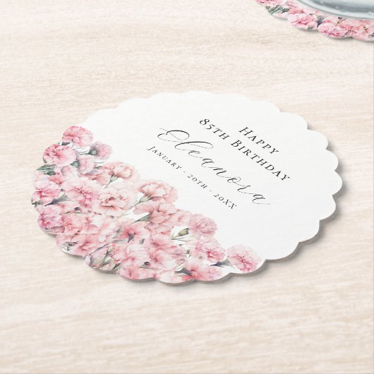 Dessous-de-verre En Papier 85th Birthday Pink Carnation January Birth Flower (Incliné)