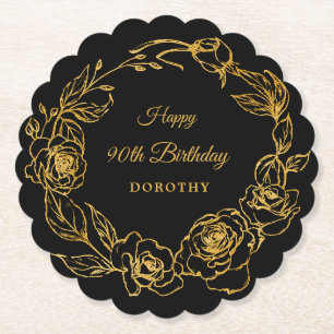 Dessous-de-verre En Papier 90e fête d'anniversaire Luxe Gold Rose Floral Blac