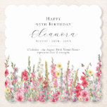 Dessous-de-verre En Papier 95e anniversaire août Fleur de naissance personnal<br><div class="desc">Décor de table parfait pour un anniversaire d'août. Le gladiolus rose est la fleur de naissance pour ce mois-là. Il forme une jolie bordure de fond d'aquarelle sur ce dessous de verre floral personnalisé. Le nom, l'âge et la date de naissance de l'invité d'honneur sont placés au-dessus de celui-ci à...</div>