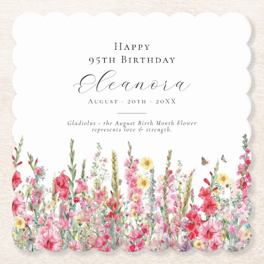 Dessous-de-verre En Papier 95e anniversaire août Fleur de naissance personnal (Devant)