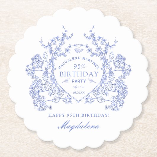 Dessous-de-verre En Papier 95e anniversaire Français Blue Floral Crest Custom (Devant)