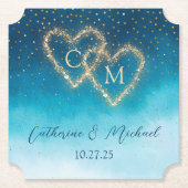 Dessous-de-verre En Papier Aquarelle Bleu Océan Vagues Avec Mariage Monogramm (Devant)