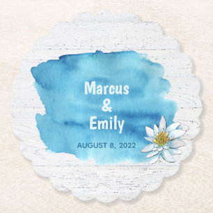 Dessous-de-verre En Papier aquarelle bleue sur bois blanc