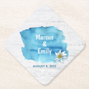 Dessous-de-verre En Papier aquarelle bleue sur le bois avec nénuphar