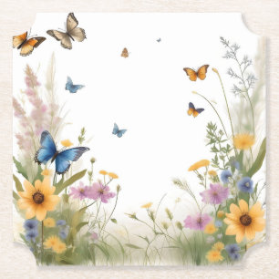 Dessous-de-verre En Papier Aquarelle Fleur sauvage Gris Et Papillons,