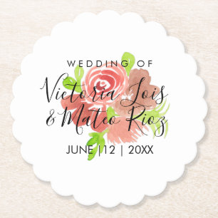 Dessous-de-verre En Papier Aquarelle Floral Rose Beige Rosé Feuille Mariage