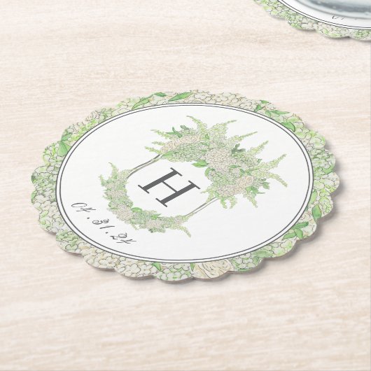 Dessous-de-verre En Papier Aquarelle Vert et Blanc Hydrangea Crest (Incliné)