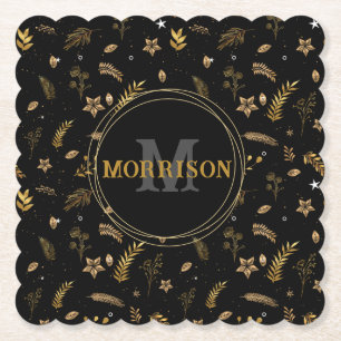 Dessous-de-verre En Papier Arche d'or de Noël élégant monogramme moderne noir