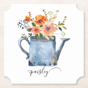Dessous-de-verre En Papier Arrosoir Fleurs Aquarelle Orange Bohème Rustique
