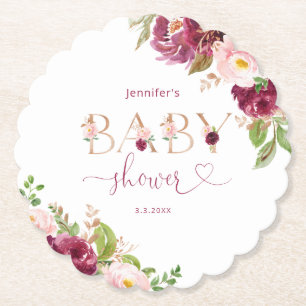 Dessous-de-verre En Papier Baby shower de feuille d'or floral burgundy d'auto