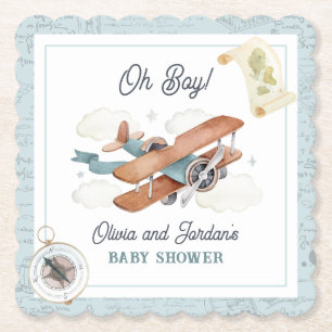 Dessous-de-verre En Papier Baby shower de voyage pour garçons d'avion vintage