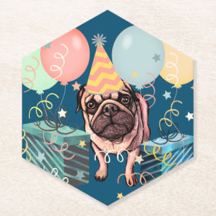 Dessous-de-verre En Papier Ballons de fête de célébration de Pug avec confett