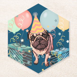 Dessous-de-verre En Papier Ballons de fête de célébration de Pug avec confett