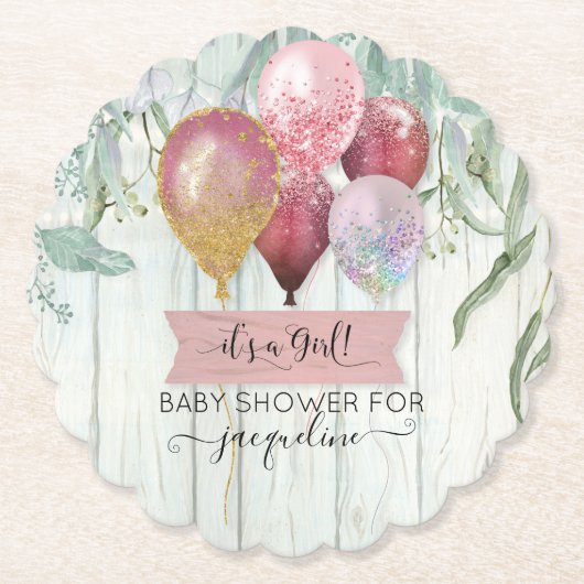 Dessous-de-verre En Papier Balloon rose Bourgogne Bois Rustique Baby Girl Dou (Devant)
