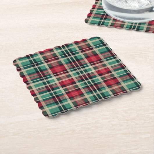 Dessous-de-verre En Papier Bandes Plaid Vert Crème Rouge (Incliné)