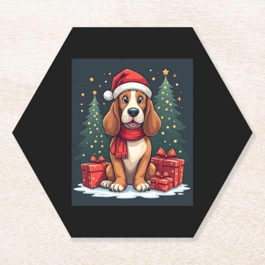 Dessous-de-verre En Papier Basset Hound Chien Fêtes de Noël Père Noël Amoureu (Devant)