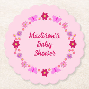 Dessous-de-verre En Papier Bébé rose Baby shower papillons et fleurs