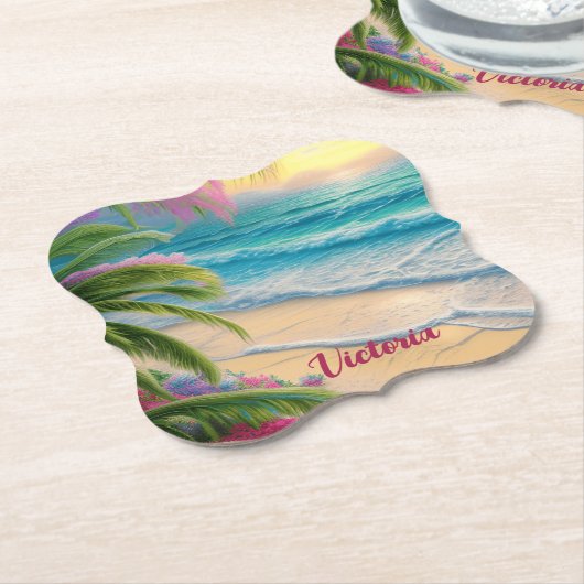 Dessous-de-verre En Papier Belle Plage Océan Vagues Sable Palmiers (Incliné)