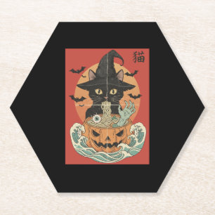 Dessous-de-verre En Papier Black cat mange ramen japonais pour Halloween