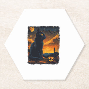 Dessous-de-verre En Papier Black Cat Starry Nuit Van Gogh Citrouilles Bats Ha