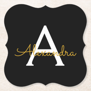 Dessous-de-verre En Papier Black Gold Modern Script Nom du monogramme de la f