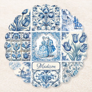 Dessous-de-verre En Papier Bleu Chic toile blanche de jouy Poupées et fleurs